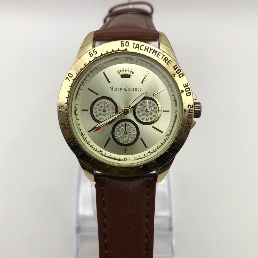 Women’s Juicy Couture Watch Brown Band (New Battery) Gold Bezel & Face Black Lbl